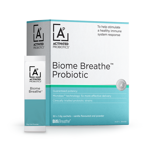 Activated Probiotics Biome Breathe, 30 x 1.6g vanilla-flavored oral powder sachets, formulated to help stimulate a healthy immune system response.