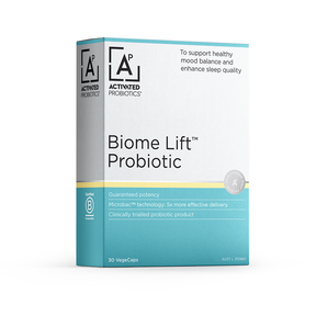 Activated Probiotics Biome Lift probiotic, 30 vegecaps, formulated to support healthy mood balance and enhance sleep quality.
