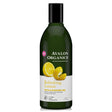 Green bottle of Avalon Organics Bath & Shower Gel with "Refreshing Lemon" label. Features lemon slices and eco-friendly icons below. Invokes freshness.