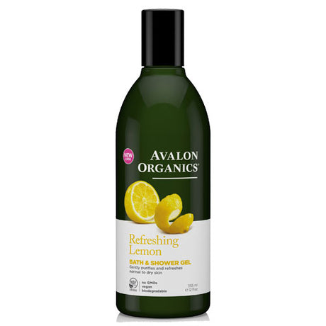 Green bottle of Avalon Organics Bath & Shower Gel with "Refreshing Lemon" label. Features lemon slices and eco-friendly icons below. Invokes freshness.