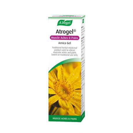 A.Vogel Atrogel Arnica Gel for muscle aches and pains, shown as a tube alongside its product packaging.