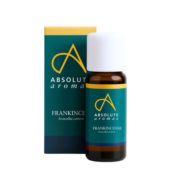 Bottle and box of Absolute Aromas Frankincense oil on a white background