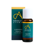A small amber glass bottle and matching box of Absolute Aromas Bulgarian Lavender (Lavandula angustifolia) essential oil with a white cap against a black background.