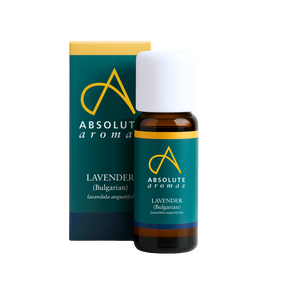 A small amber glass bottle and matching box of Absolute Aromas Bulgarian Lavender (Lavandula angustifolia) essential oil with a white cap against a black background.