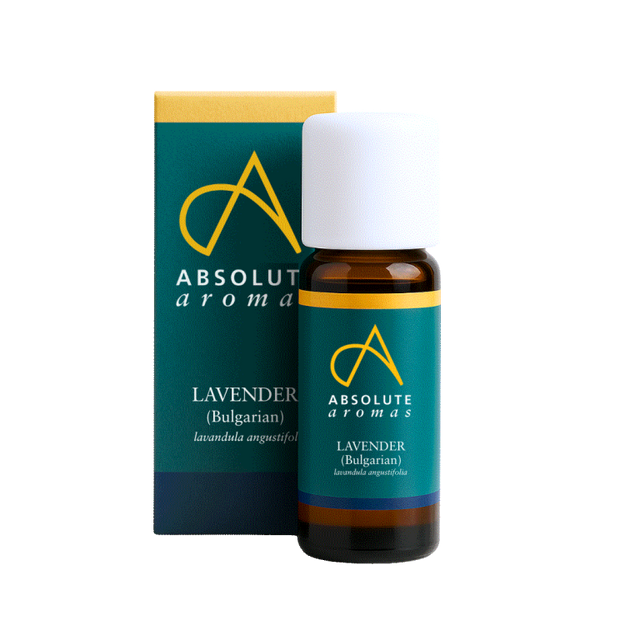 A small amber glass bottle and matching box of Absolute Aromas Bulgarian Lavender (Lavandula angustifolia) essential oil with a white cap against a black background.