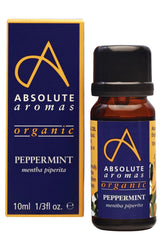 Absolute Aromas organic peppermint essential oil bottle with its matching blue and yellow box.
