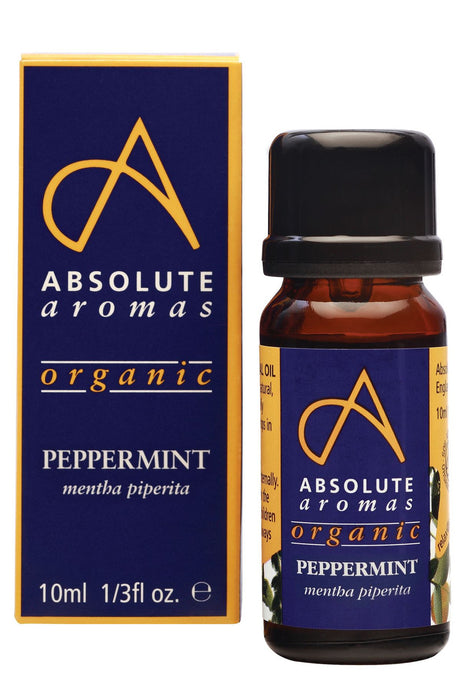 Absolute Aromas organic peppermint essential oil bottle with its matching blue and yellow box.