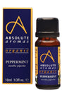 Absolute Aromas organic peppermint essential oil bottle with its matching blue and yellow box.