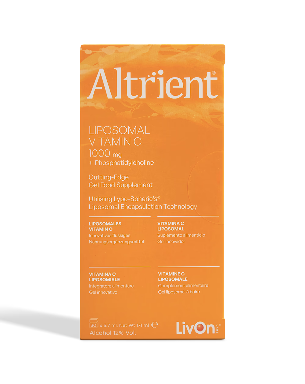Front view of Altrient Liposomal Vitamin C 1000mg orange box featuring LivOn Labs branding and Lypo-Spheric technology details.