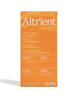 Front view of Altrient Liposomal Vitamin C 1000mg orange box featuring LivOn Labs branding and Lypo-Spheric technology details.