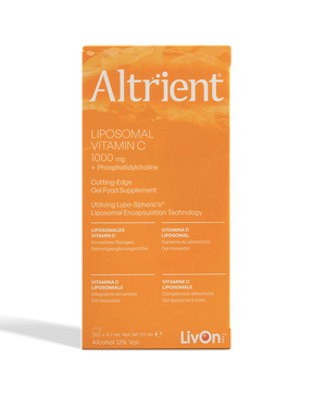 Front view of Altrient Liposomal Vitamin C 1000mg orange box featuring LivOn Labs branding and Lypo-Spheric technology details.