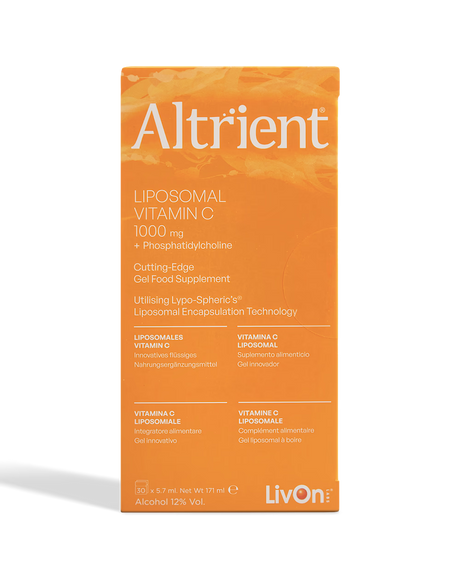 Front view of Altrient Liposomal Vitamin C 1000mg orange box featuring LivOn Labs branding and Lypo-Spheric technology details.