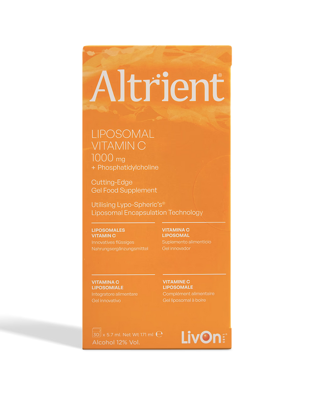 Front view of Altrient Liposomal Vitamin C 1000mg orange box featuring LivOn Labs branding and Lypo-Spheric technology details.