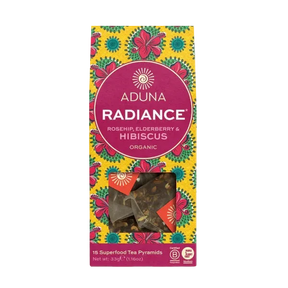 Aduna Radiance Rosehip, Elderberry & Hibiscus Organic Superfood Tea box.