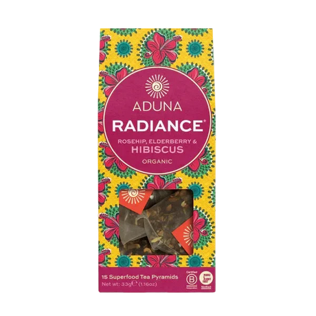Aduna Radiance Rosehip, Elderberry & Hibiscus Organic Superfood Tea box.