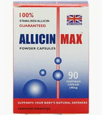 Box of Allicin Max powder capsules with British flag on a white background