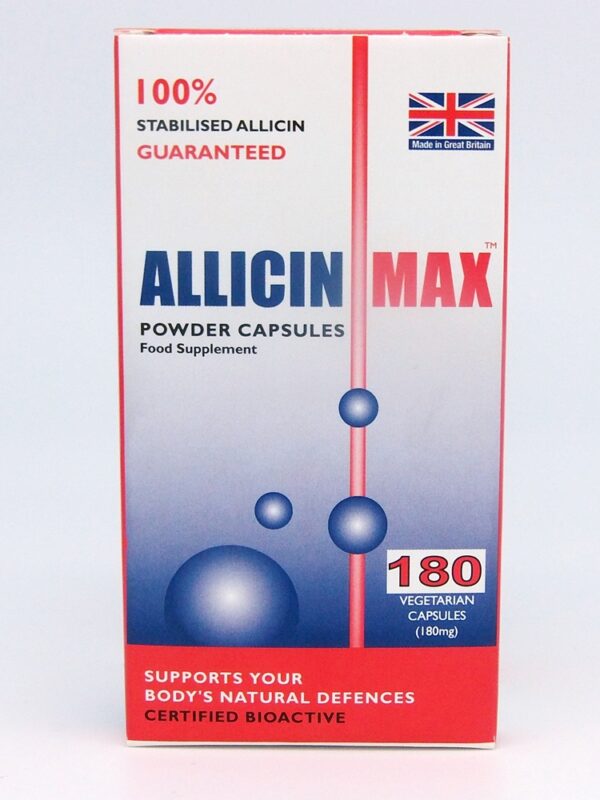 Allicin Max food supplement box featuring 180 vegetarian capsules of 100% stabilised allicin with a "Made in Great Britain" flag.