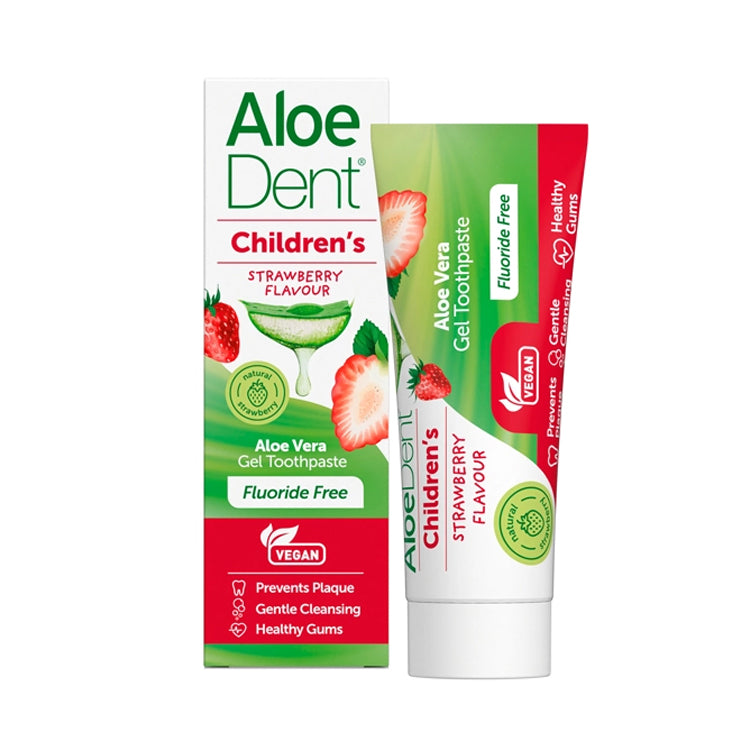 AloeDent Children's strawberry-flavored, fluoride-free aloe vera gel toothpaste that helps prevent plaque and promote healthy gums.