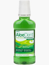 Green bottle of Optima Aloe Dent Aloe Vera Mouthwash on a white background