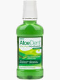 Green bottle of Optima Aloe Dent Aloe Vera Mouthwash on a white background