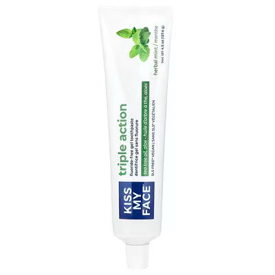 Tube of Kiss My Face Triple Action Fluoride-Free Gel Toothpaste in Herbal Mint flavor.