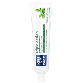 Tube of Kiss My Face Triple Action Fluoride-Free Gel Toothpaste in Herbal Mint flavor.