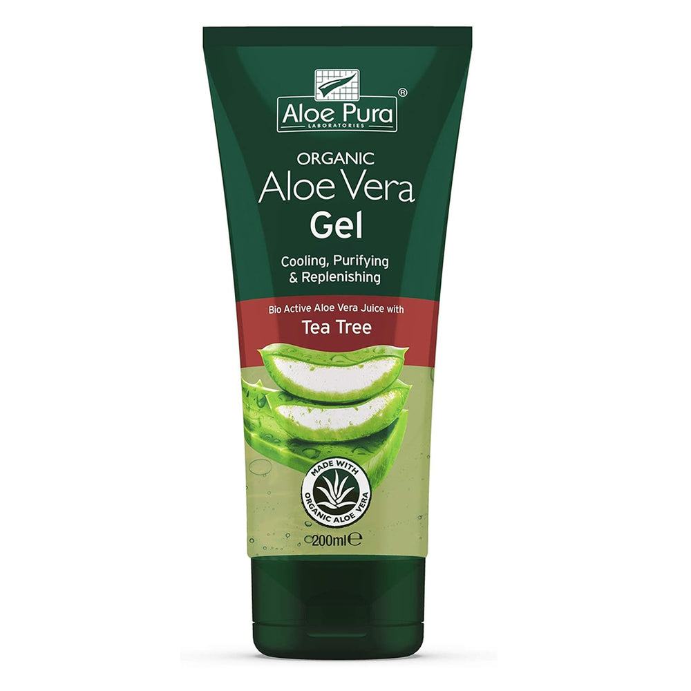 Aloe Pura Laboratories Organic Aloe Vera Gel 200ml tube, formulated with tea tree for a cooling, purifying, and replenishing effect.