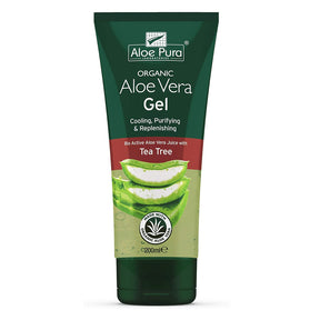 Aloe Pura Laboratories Organic Aloe Vera Gel 200ml tube, formulated with tea tree for a cooling, purifying, and replenishing effect.