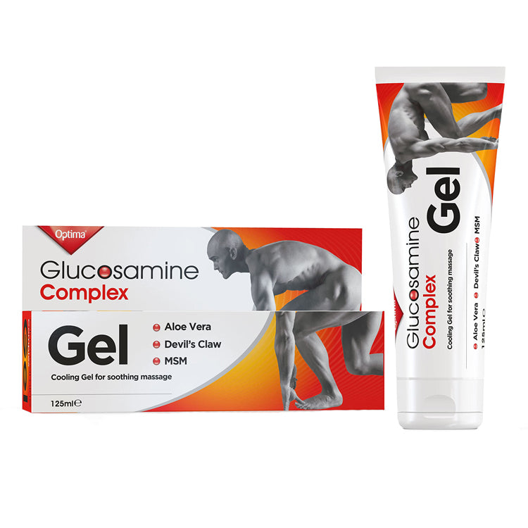 Optima Glucosamine Complex Gel packaging and 125ml tube featuring a cooling formula with Aloe Vera, Devil's Claw, and MSM.