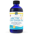 An 8 fl oz (237 mL) blue bottle of Nordic Naturals Arctic-D Cod Liver Oil in lemon flavor, containing 1060 mg of Omega-3 and 25 µg of Vitamin D3 per serving.