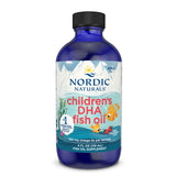 A 4 fl oz blue bottle of Nordic Naturals Children's DHA Fish Oil, featuring a strawberry flavor and containing 530 mg of omega-3s per serving for ages 1 and up.