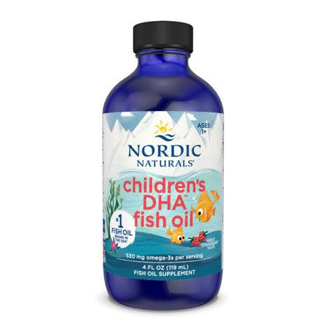 A 4 fl oz blue bottle of Nordic Naturals Children's DHA Fish Oil, featuring a strawberry flavor and containing 530 mg of omega-3s per serving for ages 1 and up.