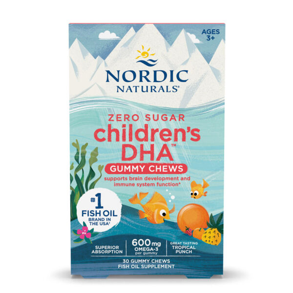 A 30-count box of Nordic Naturals Zero Sugar Children's DHA Gummy Chews in Tropical Punch flavor, containing 600mg of Omega-3 per gummy for ages 3 and up.