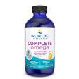 An 8 fl oz (237 mL) blue bottle of Nordic Naturals Complete Omega fish oil plus borage seed oil in lemon flavor, containing 1270 mg of Omega-3 and 170 mg of GLA per serving.