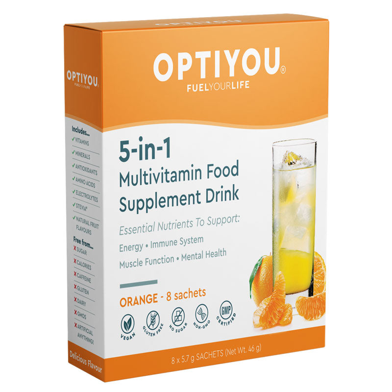Optiyou 5-in-1 multivitamin drink orange sachets with zinc and vitamin C for immune support and energy.