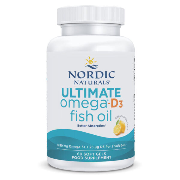 A 60-count bottle of Nordic Naturals Ultimate Omega-D3 Fish Oil in lemon flavor, providing 1280 mg of Omega-3s and 25 µg of D3 per 2 soft gel serving.