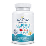 A 60-count bottle of Nordic Naturals Ultimate Omega + CoQ10 Fish Oil in lemon flavor, containing 1280 mg of Omega-3s and 100 mg of Coenzyme Q10 per 2 soft gel serving.