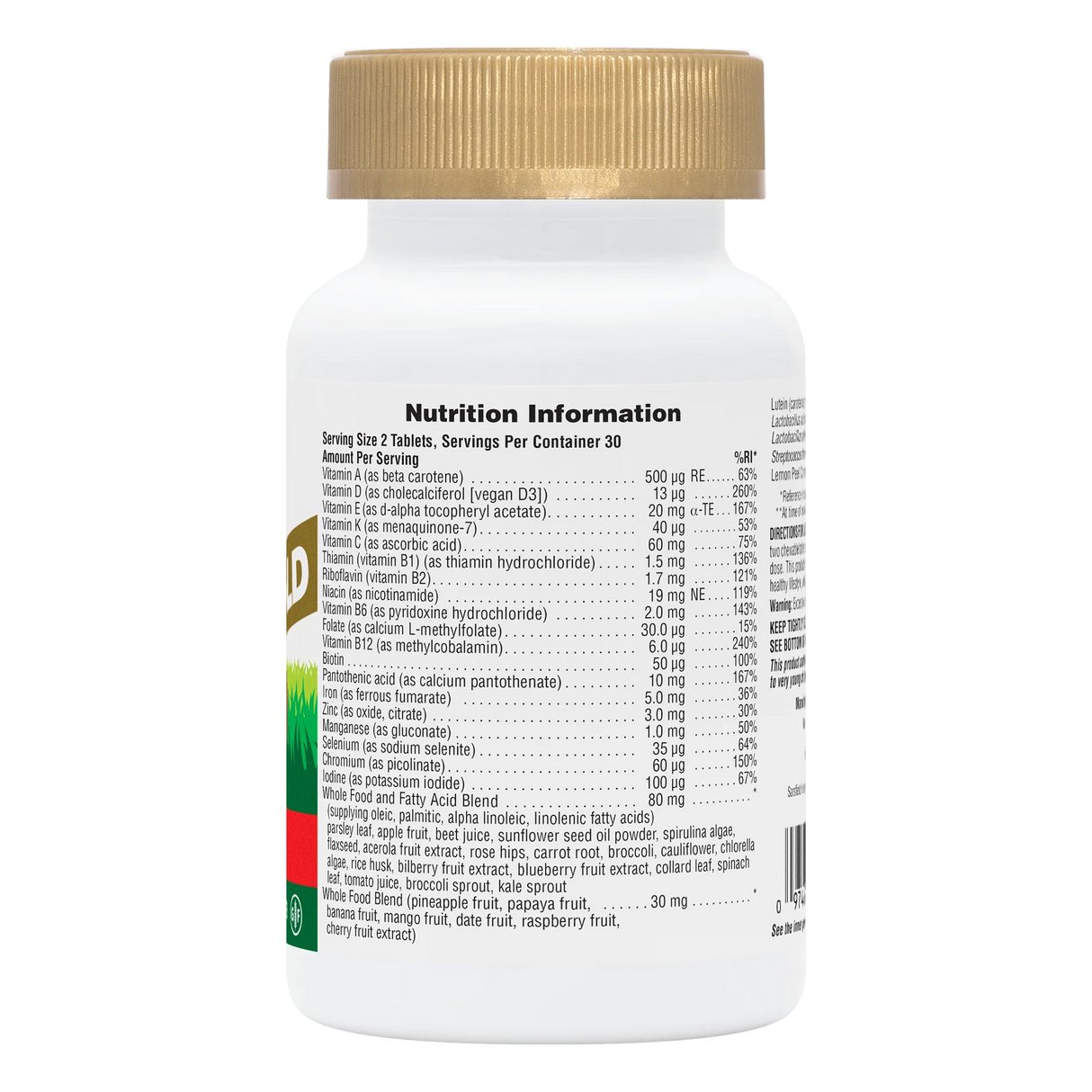 NaturesPlus Animal Parade Gold 60 cherry flavored tablets nutrition information and supplement facts panel.