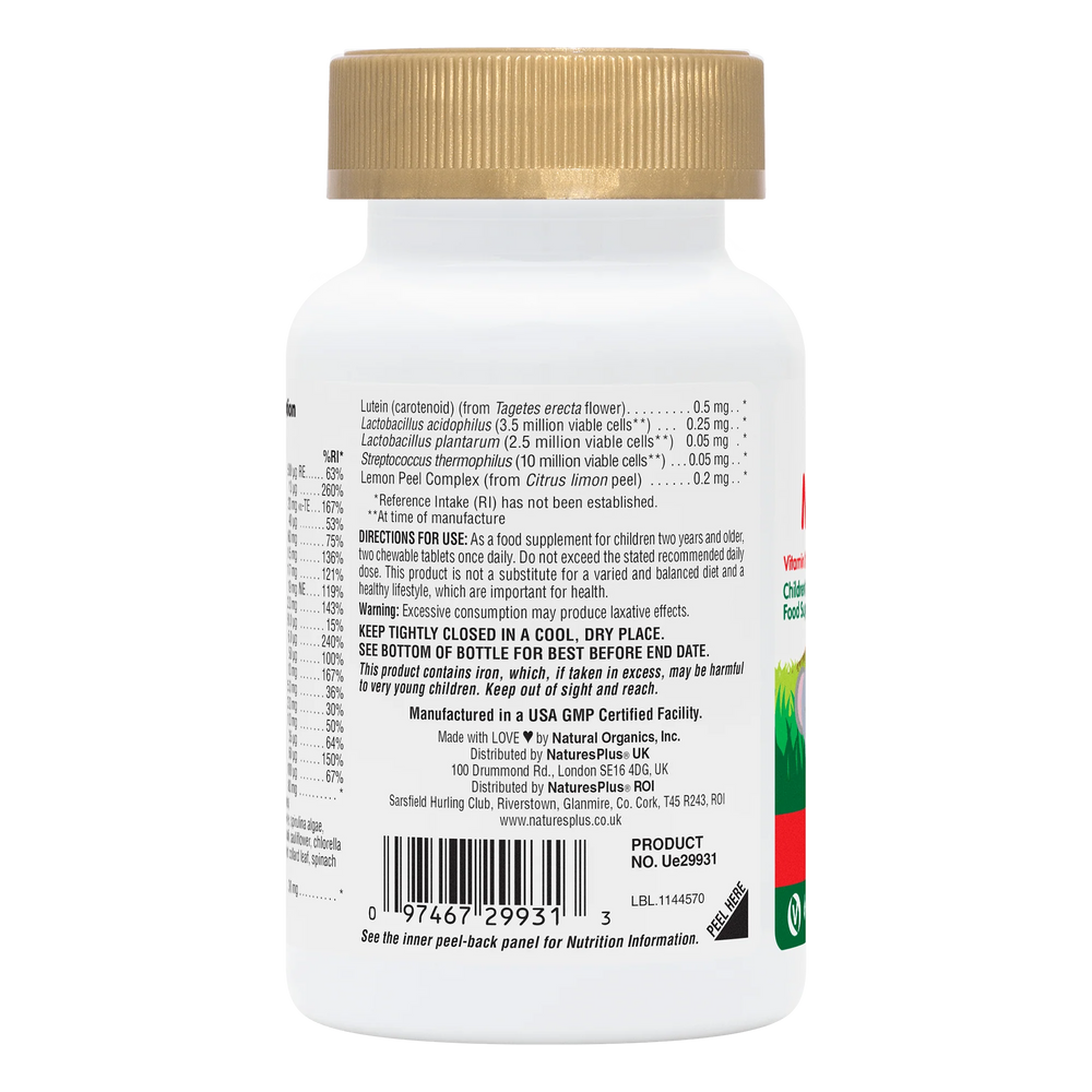 NaturesPlus Animal Parade Gold 60 cherry flavored tablets directions for use and ingredient details label.
