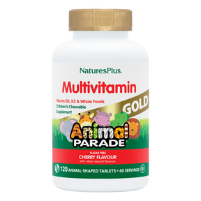 NaturesPlus Animal Parade Gold 120 cherry flavor sugar-free chewable tablets for children.