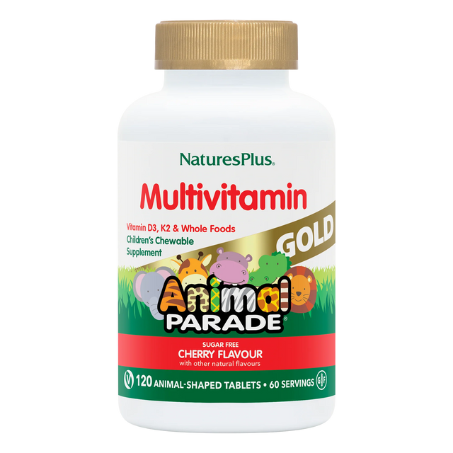 NaturesPlus Animal Parade Gold 120 cherry flavor sugar-free chewable tablets for children.