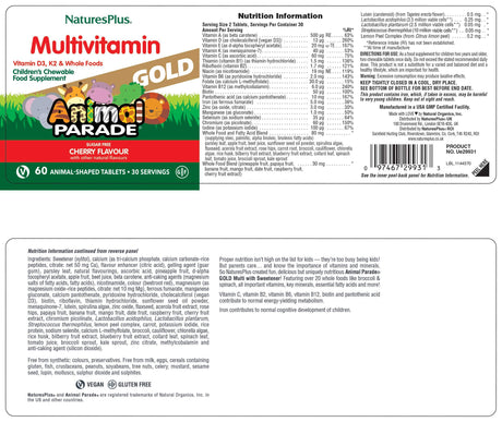 NaturesPlus Animal Parade Gold 60 cherry flavor chewable tablets full product label with nutrition facts and directions.