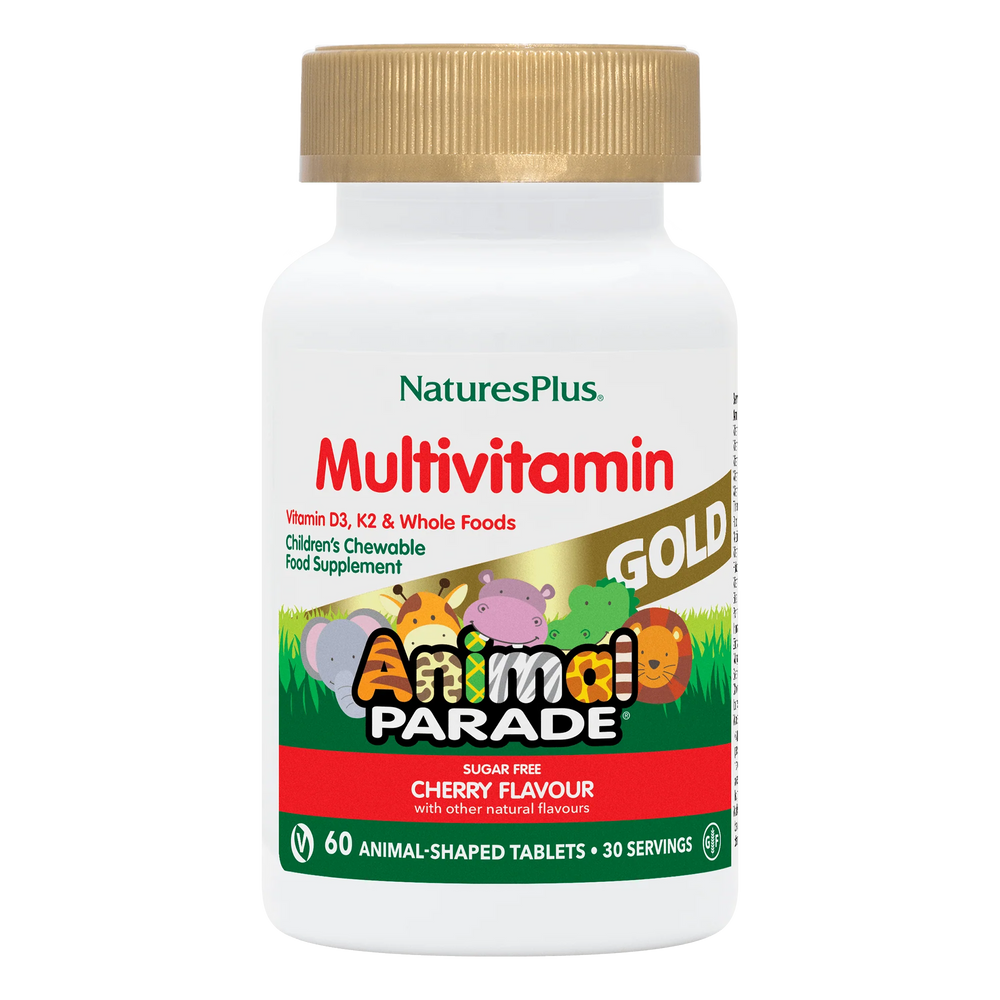 Nature's Plus Animal Parade Gold children's chewable multivitamin 120 cherry tablets with probiotics and Vitamin K2 for immune and bone support.