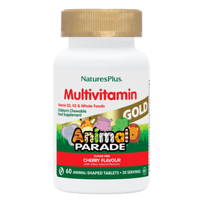 Nature's Plus Animal Parade Gold children's chewable multivitamin 120 cherry tablets with probiotics and Vitamin K2 for immune and bone support.