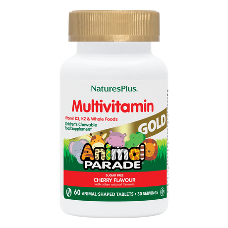 Nature's Plus Animal Parade Gold children's chewable multivitamin 120 cherry tablets with probiotics and Vitamin K2 for immune and bone support.