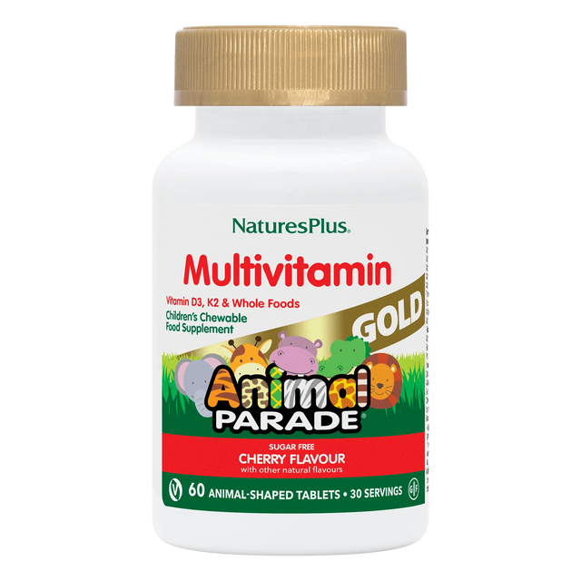 Nature's Plus Animal Parade Gold children's chewable multivitamin 120 cherry tablets with probiotics and Vitamin K2 for immune and bone support.