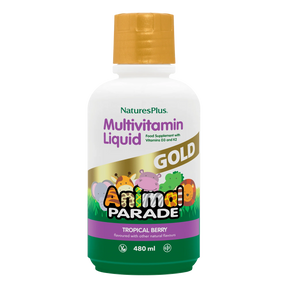 Nature's Plus Animal Parade Gold children's liquid multivitamin 473ml tropical berry flavour with Vitamin K2 and D3 for immune and bone support.