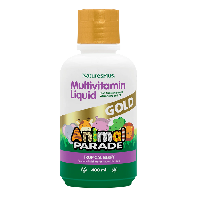 Nature's Plus Animal Parade Gold children's liquid multivitamin 473ml tropical berry flavour with Vitamin K2 and D3 for immune and bone support.