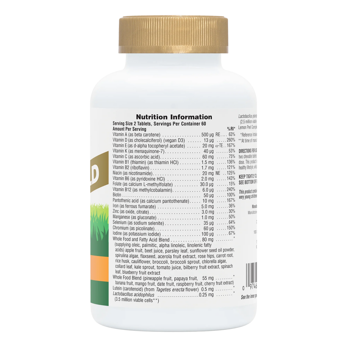 NaturesPlus Animal Parade Gold 120 assorted chewable tablets nutritional information label.