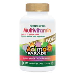 Nature's Plus Animal Parade Gold children's chewable multivitamin 120 assorted tablets with probiotics and Vitamin K2 for immune and bone support.